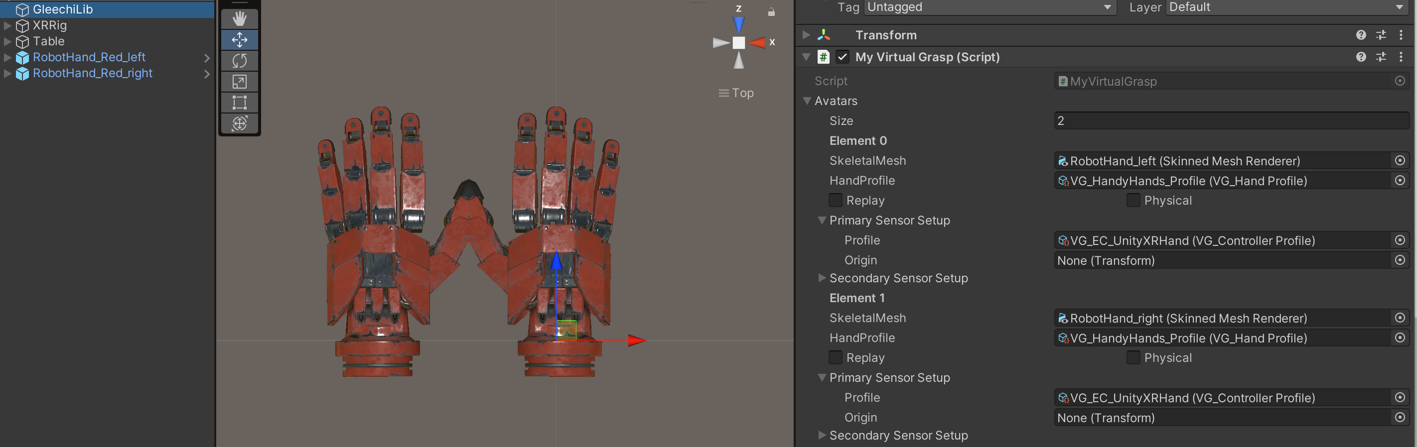 Unity Avatar Sensor setup for two separate hand models.