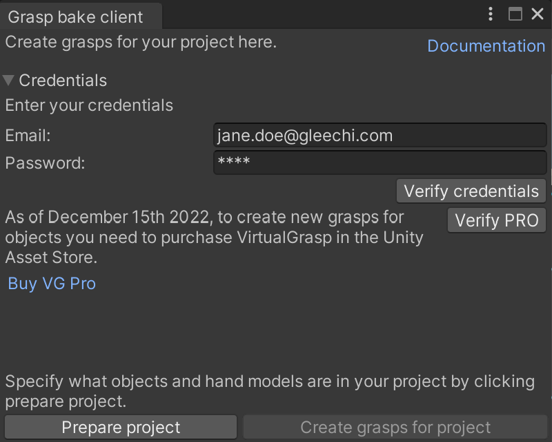 VG Baking Client in Unity.
