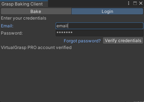 Baking Client in Unity - Login Tab.