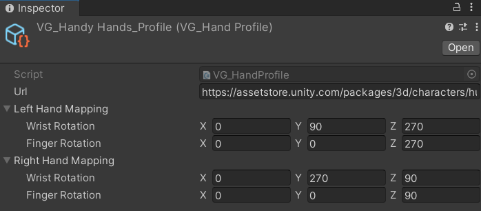 VG_HandProfile in Unity.