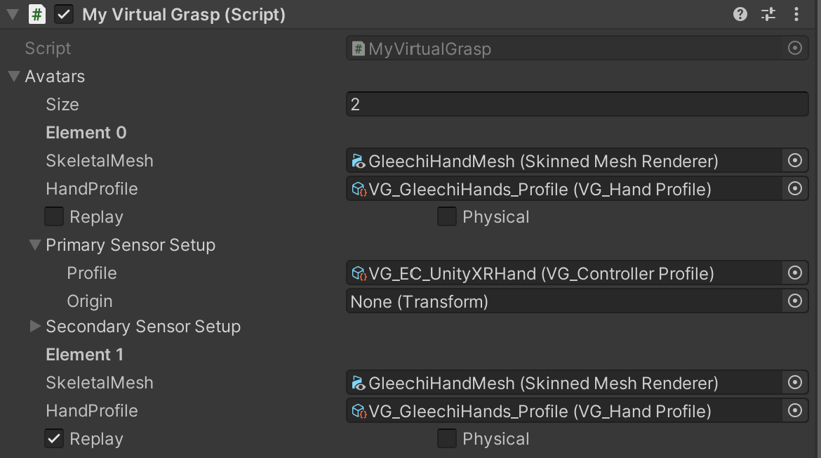 In MyVirtualGrasp: Setup for another avatar to replay recorded data.