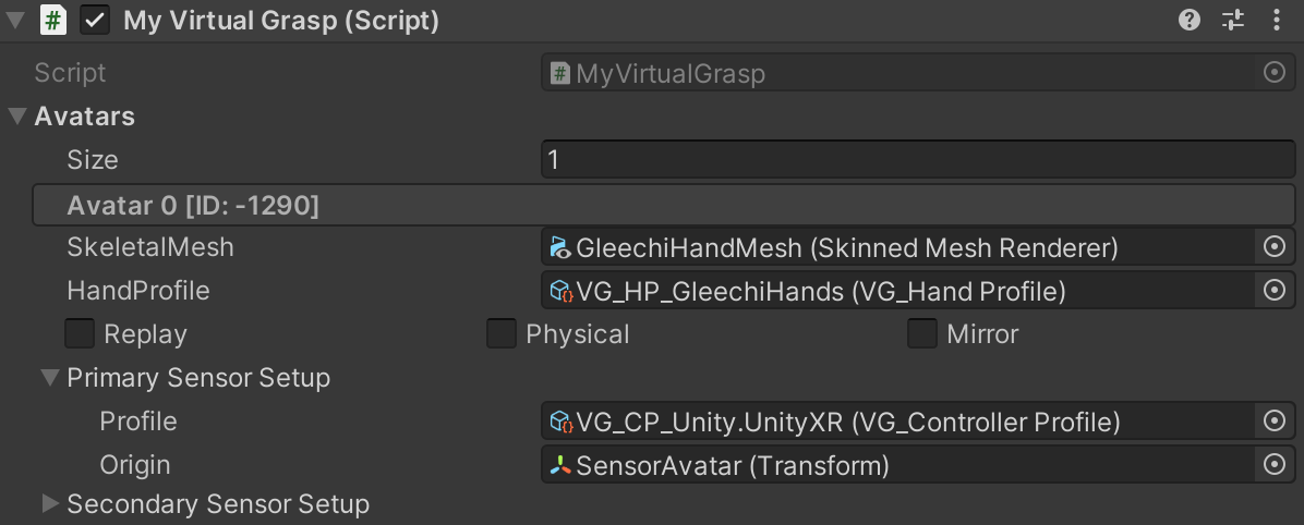 Avatar and Sensor setup in Unity.