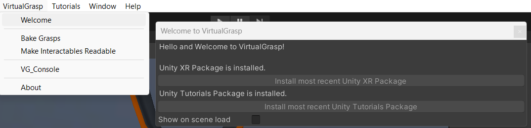 VirtualGrasp Welcome Dialog.
